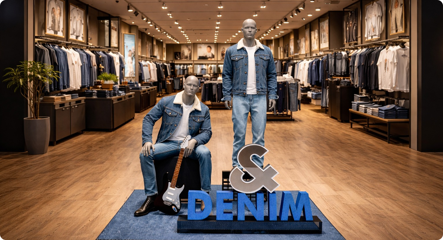 Featured retail denim store visual merchandising setup